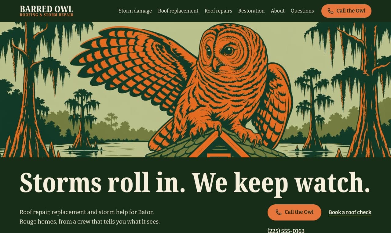 Barred Owl Roofing on a desktop screen