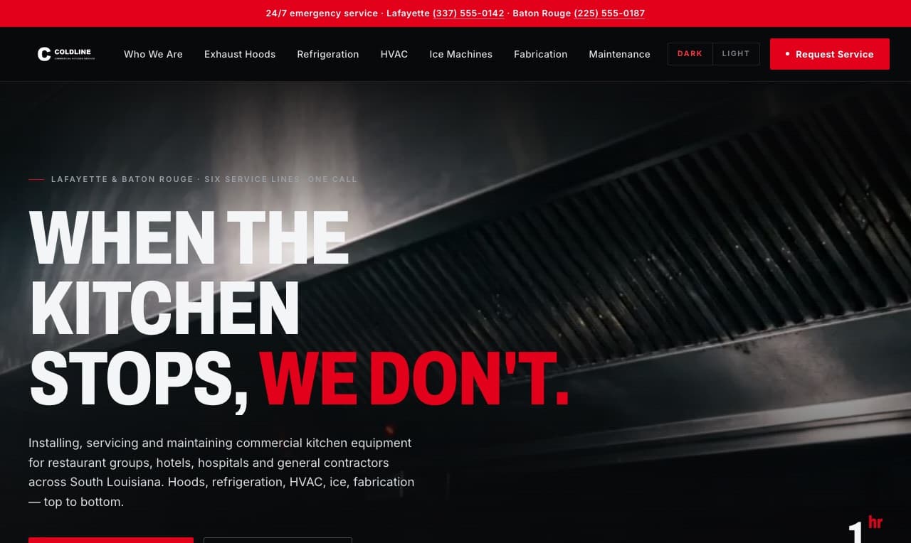 Coldline Commercial Kitchen Service on a desktop screen